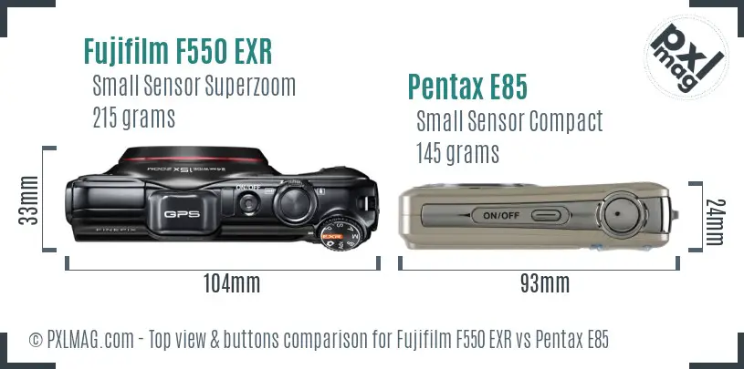 Fujifilm F550 EXR vs Pentax E85 top view buttons comparison