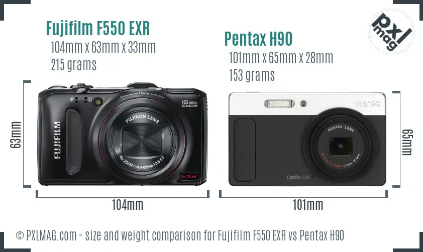 Fujifilm F550 EXR vs Pentax H90 size comparison