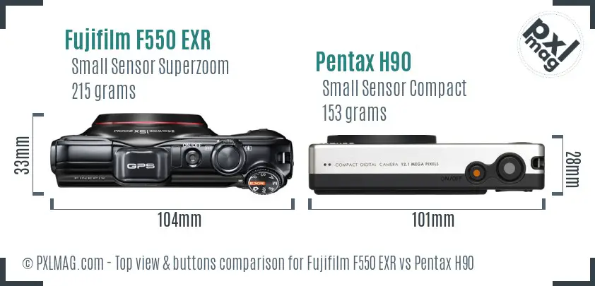 Fujifilm F550 EXR vs Pentax H90 top view buttons comparison