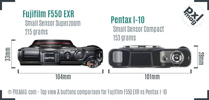 Fujifilm F550 EXR vs Pentax I-10 top view buttons comparison