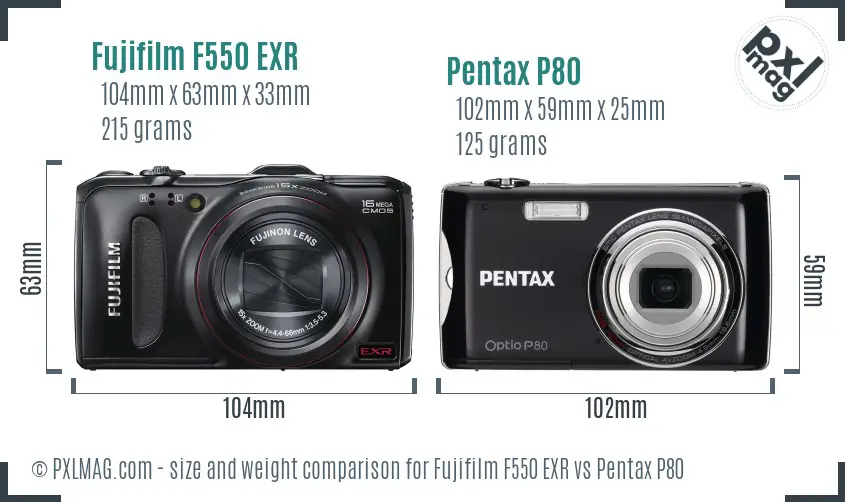 Fujifilm F550 EXR vs Pentax P80 size comparison