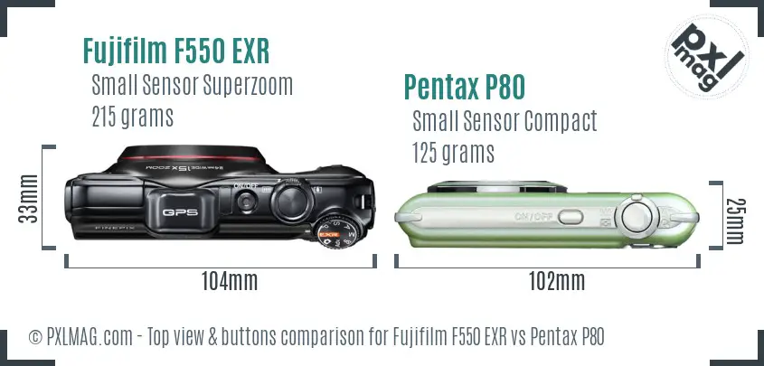Fujifilm F550 EXR vs Pentax P80 top view buttons comparison