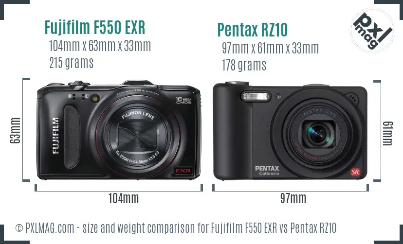 Fujifilm F550 EXR vs Pentax RZ10 size comparison