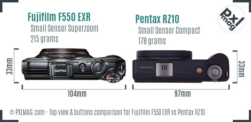 Fujifilm F550 EXR vs Pentax RZ10 top view buttons comparison