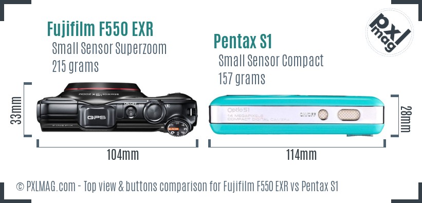 Fujifilm F550 EXR vs Pentax S1 top view buttons comparison
