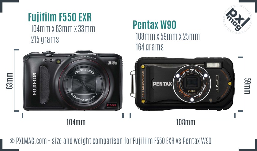 Fujifilm F550 EXR vs Pentax W90 size comparison