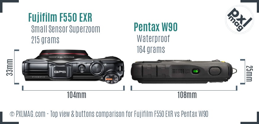 Fujifilm F550 EXR vs Pentax W90 top view buttons comparison