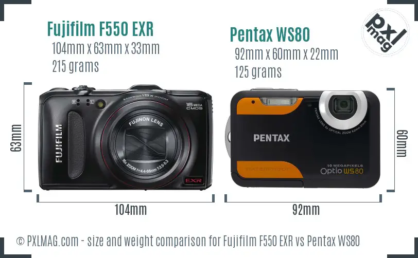 Fujifilm F550 EXR vs Pentax WS80 size comparison