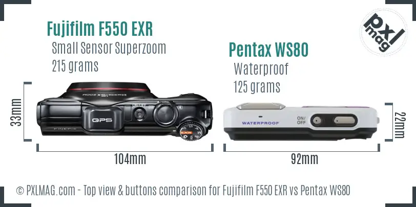 Fujifilm F550 EXR vs Pentax WS80 top view buttons comparison