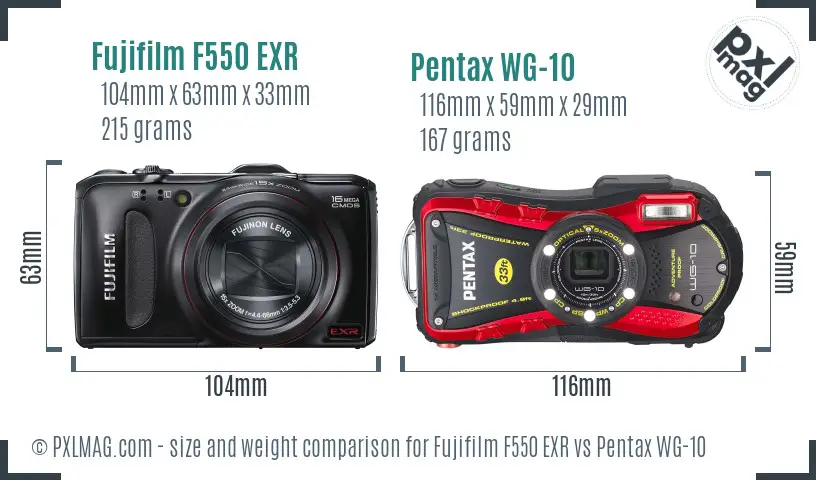 Fujifilm F550 EXR vs Pentax WG-10 size comparison