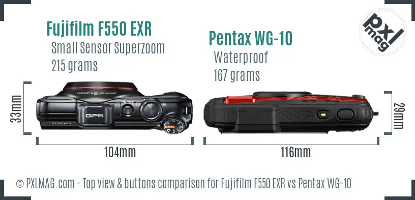 Fujifilm F550 EXR vs Pentax WG-10 top view buttons comparison