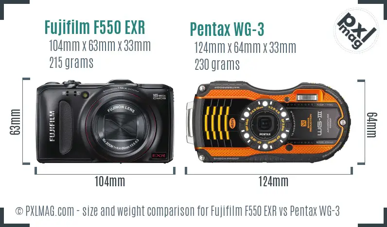 Fujifilm F550 EXR vs Pentax WG-3 size comparison