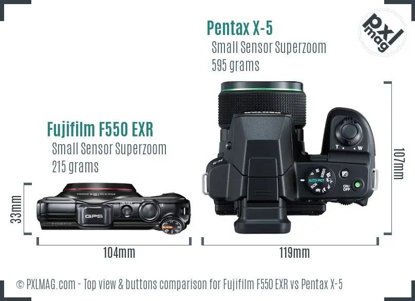 Fujifilm F550 EXR vs Pentax X-5 top view buttons comparison