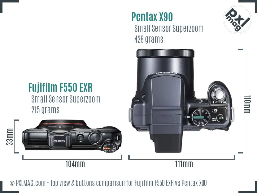 Fujifilm F550 EXR vs Pentax X90 top view buttons comparison