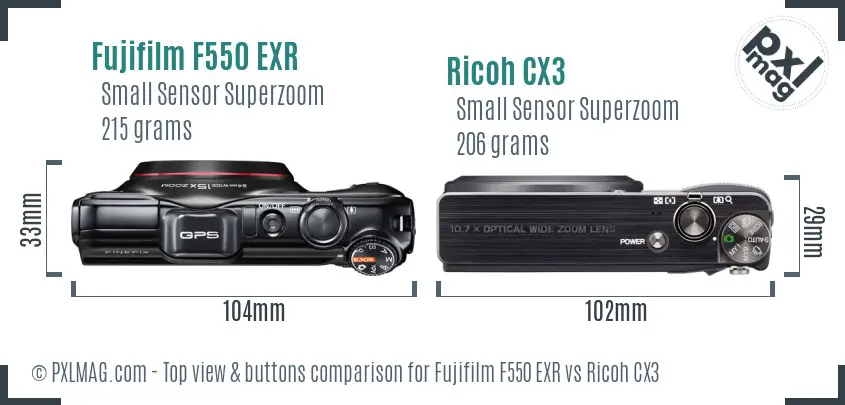 Fujifilm F550 EXR vs Ricoh CX3 top view buttons comparison Fujifilm F550 EXR vs Ricoh CX3 top view buttons comparison