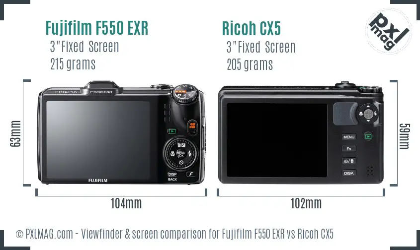 Fujifilm F550 EXR vs Ricoh CX5 Screen and Viewfinder comparison