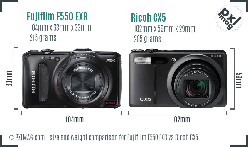 Fujifilm F550 EXR vs Ricoh CX5 size comparison