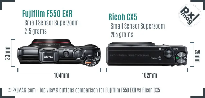 Fujifilm F550 EXR vs Ricoh CX5 top view buttons comparison