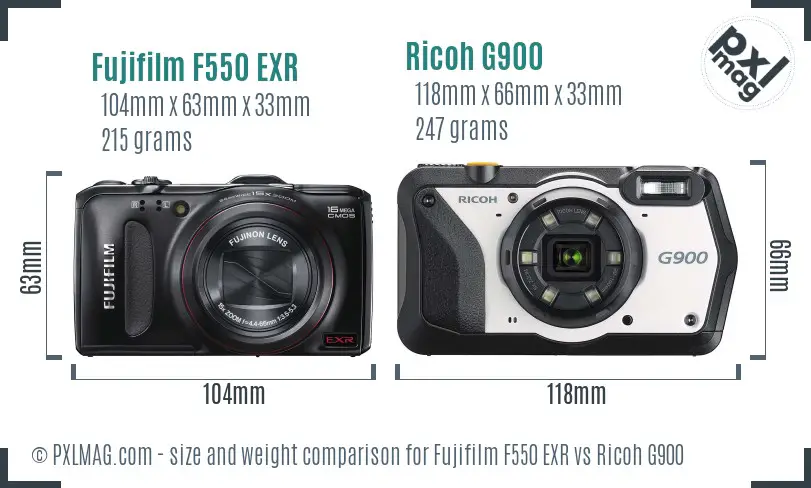 Fujifilm F550 EXR vs Ricoh G900 size comparison