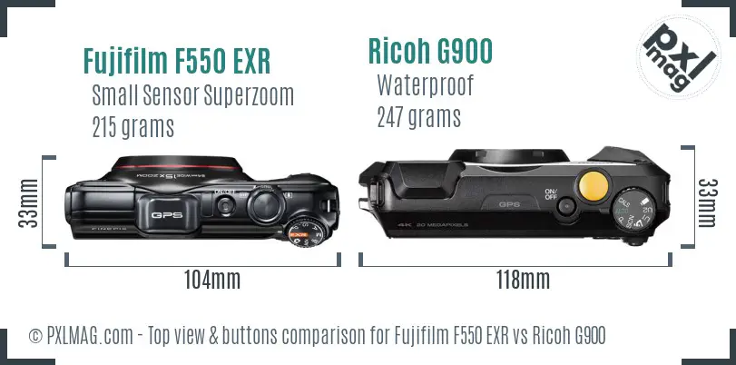 Fujifilm F550 EXR vs Ricoh G900 top view buttons comparison