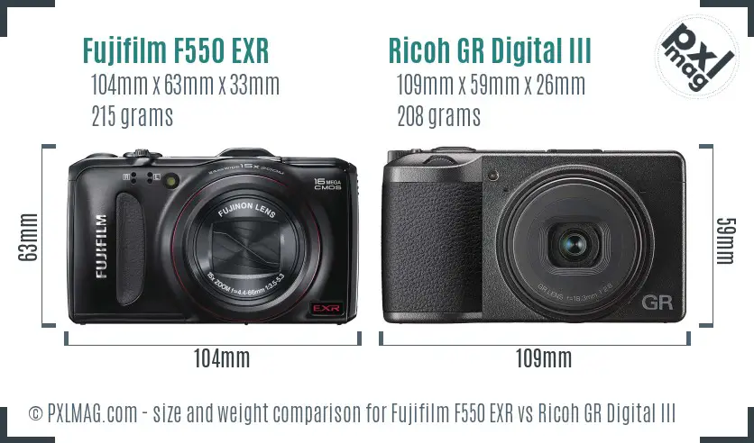 Fujifilm F550 EXR vs Ricoh GR Digital III size comparison