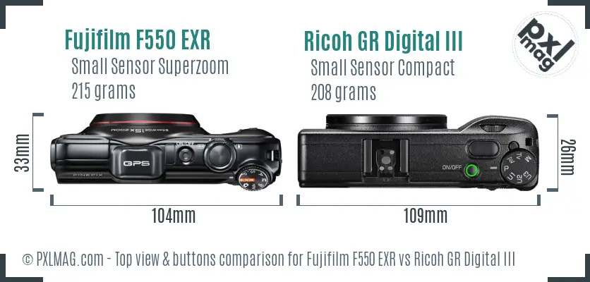 Fujifilm F550 EXR vs Ricoh GR Digital III top view buttons comparison