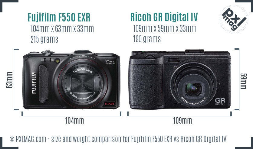 Fujifilm F550 EXR vs Ricoh GR Digital IV size comparison