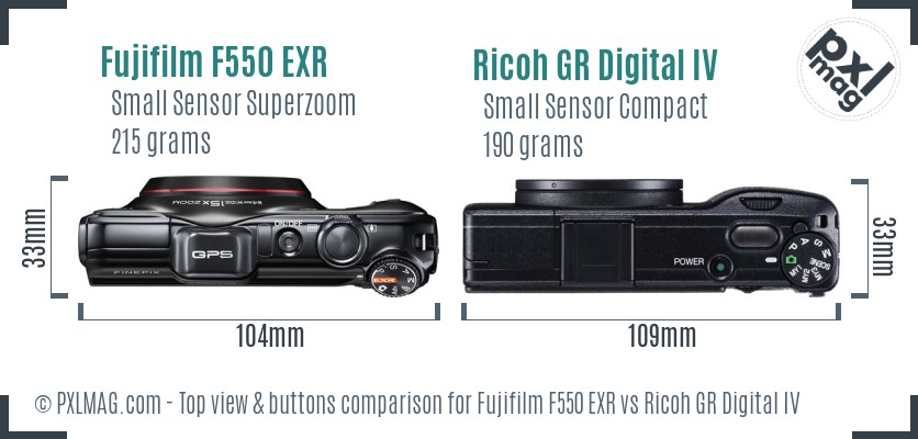 Fujifilm F550 EXR vs Ricoh GR Digital IV top view buttons comparison