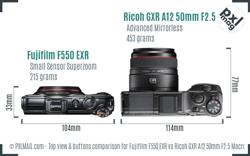 Fujifilm F550 EXR vs Ricoh GXR A12 50mm F2.5 Macro top view buttons comparison Fujifilm F550 EXR vs Ricoh GXR A12 50mm F2.5 Macro top view buttons comparison