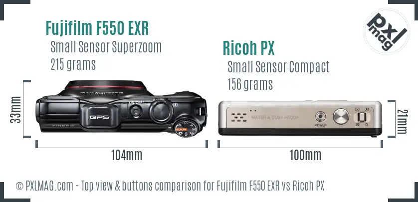 Fujifilm F550 EXR vs Ricoh PX top view buttons comparison Fujifilm F550 EXR vs Ricoh PX top view buttons comparison