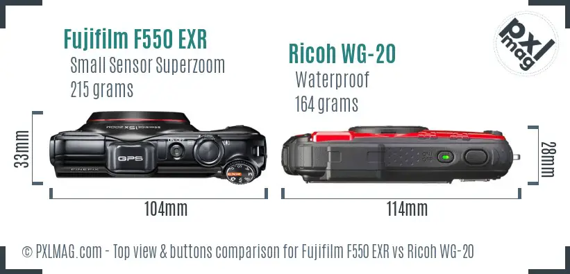 Fujifilm F550 EXR vs Ricoh WG-20 top view buttons comparison