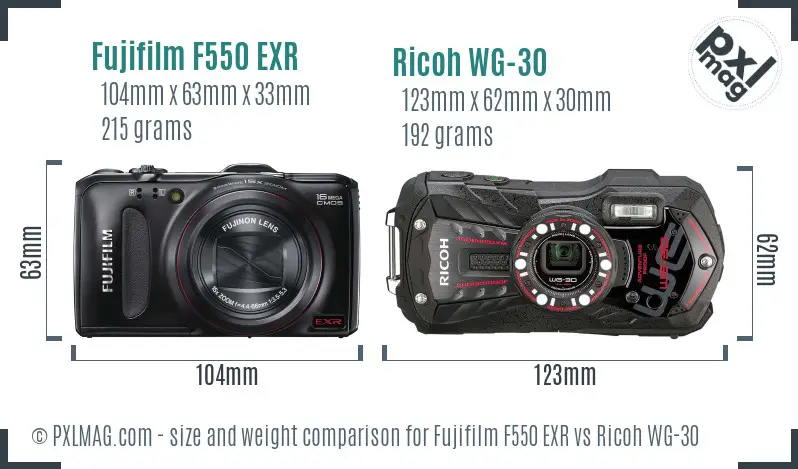 Fujifilm F550 EXR vs Ricoh WG-30 size comparison