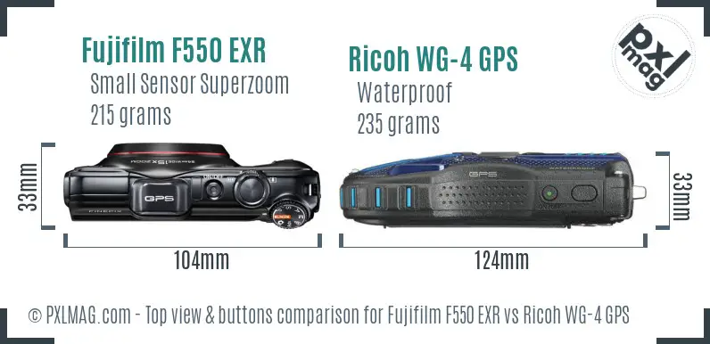 Fujifilm F550 EXR vs Ricoh WG-4 GPS top view buttons comparison Fujifilm F550 EXR vs Ricoh WG-4 GPS top view buttons comparison
