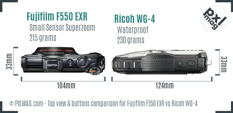 Fujifilm F550 EXR vs Ricoh WG-4 top view buttons comparison Fujifilm F550 EXR vs Ricoh WG-4 top view buttons comparison