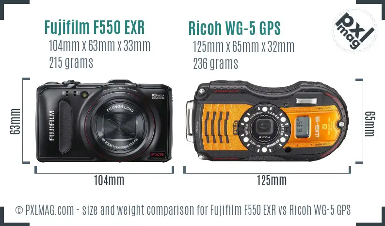 Fujifilm F550 EXR vs Ricoh WG-5 GPS size comparison