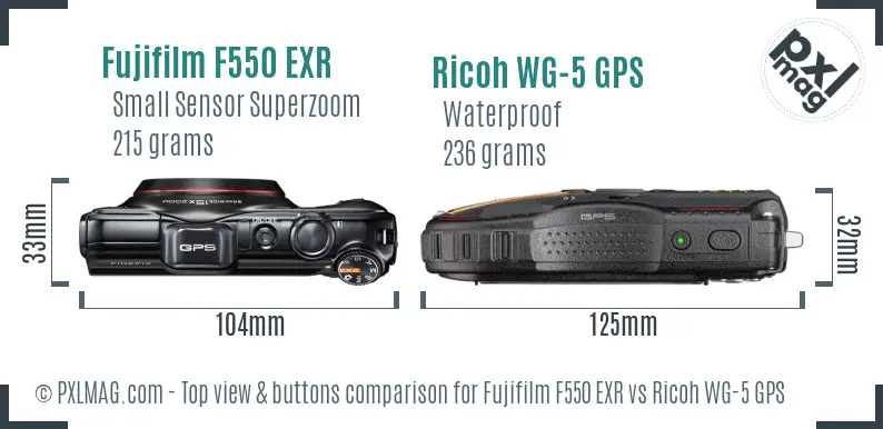 Fujifilm F550 EXR vs Ricoh WG-5 GPS top view buttons comparison