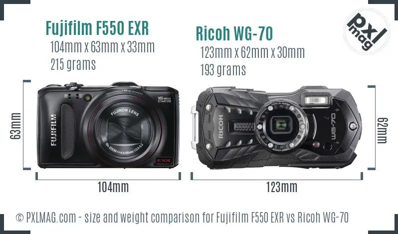 Fujifilm F550 EXR vs Ricoh WG-70 size comparison