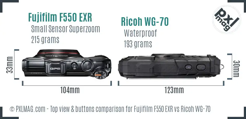 Fujifilm F550 EXR vs Ricoh WG-70 top view buttons comparison