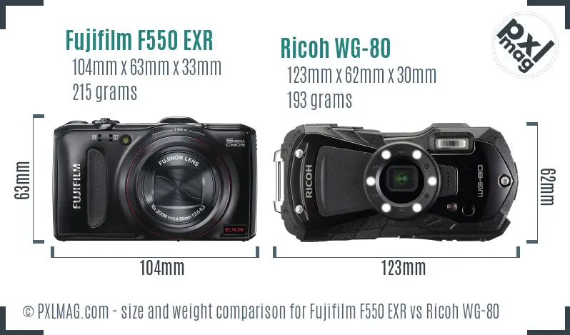 Fujifilm F550 EXR vs Ricoh WG-80 size comparison