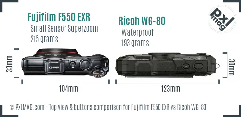 Fujifilm F550 EXR vs Ricoh WG-80 top view buttons comparison