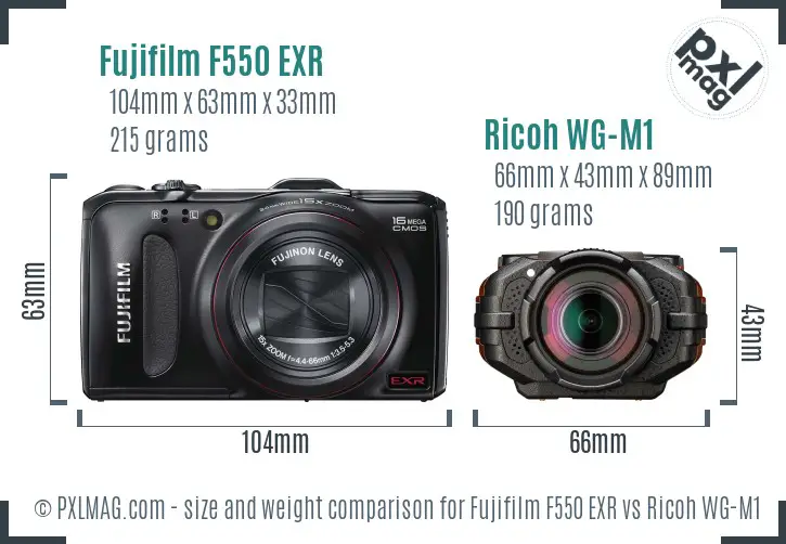 Fujifilm F550 EXR vs Ricoh WG-M1 size comparison