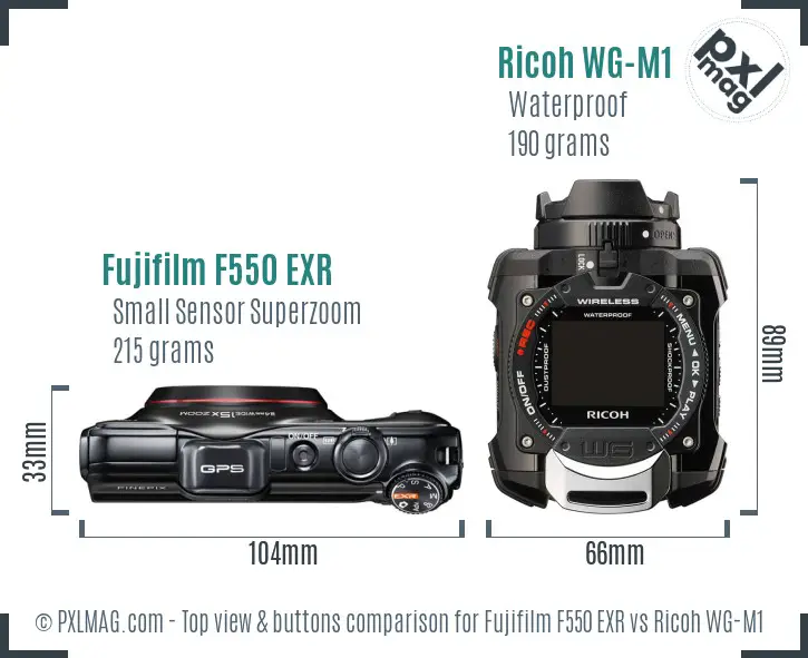 Fujifilm F550 EXR vs Ricoh WG-M1 top view buttons comparison