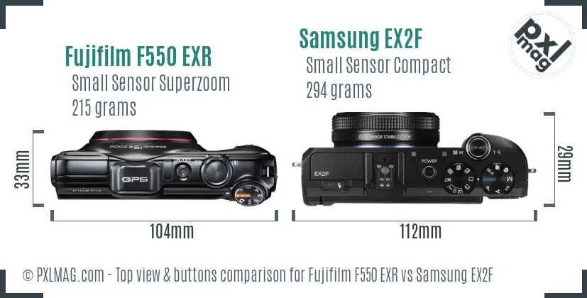 Fujifilm F550 EXR vs Samsung EX2F top view buttons comparison Fujifilm F550 EXR vs Samsung EX2F top view buttons comparison