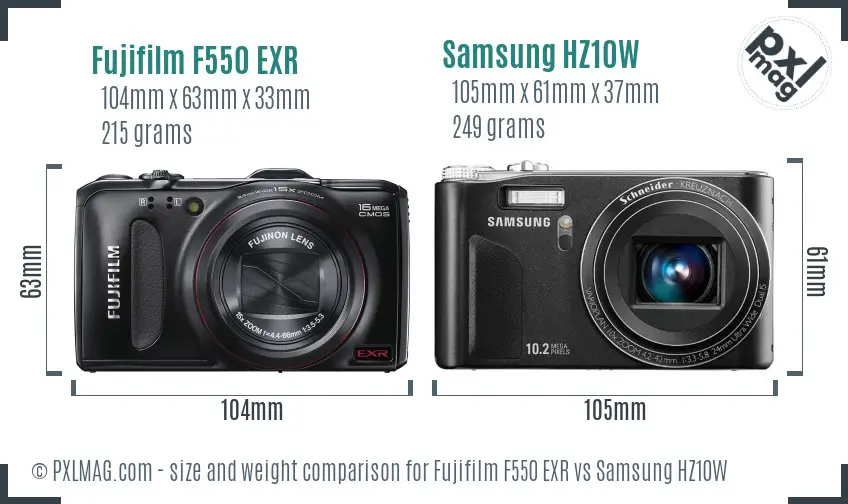 Fujifilm F550 EXR vs Samsung HZ10W size comparison