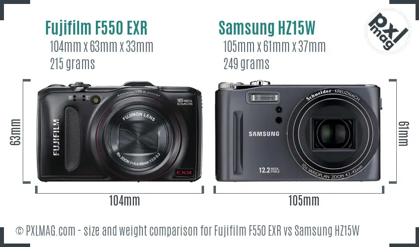 Fujifilm F550 EXR vs Samsung HZ15W size comparison