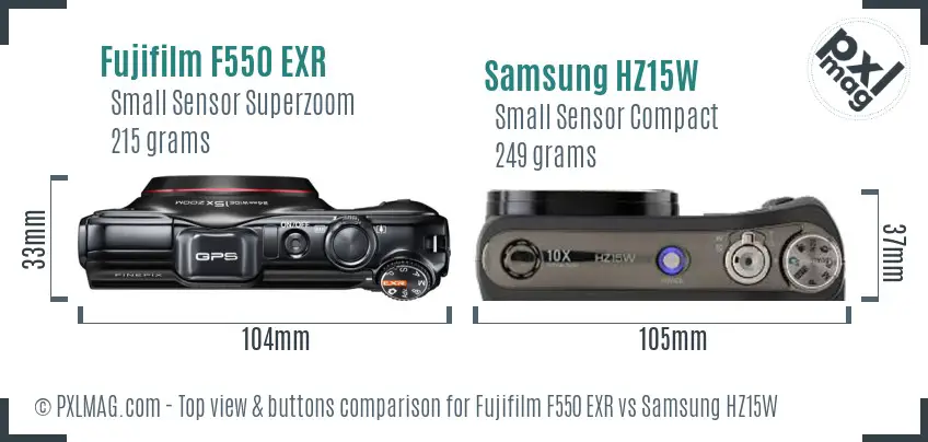 Fujifilm F550 EXR vs Samsung HZ15W top view buttons comparison