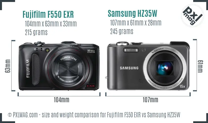 Fujifilm F550 EXR vs Samsung HZ35W size comparison