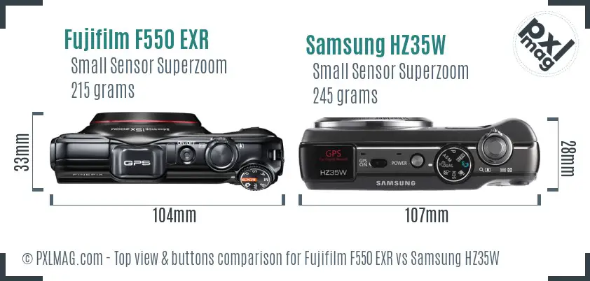 Fujifilm F550 EXR vs Samsung HZ35W top view buttons comparison