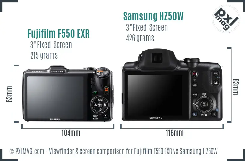 Fujifilm F550 EXR vs Samsung HZ50W Screen and Viewfinder comparison