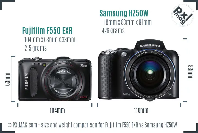 Fujifilm F550 EXR vs Samsung HZ50W size comparison